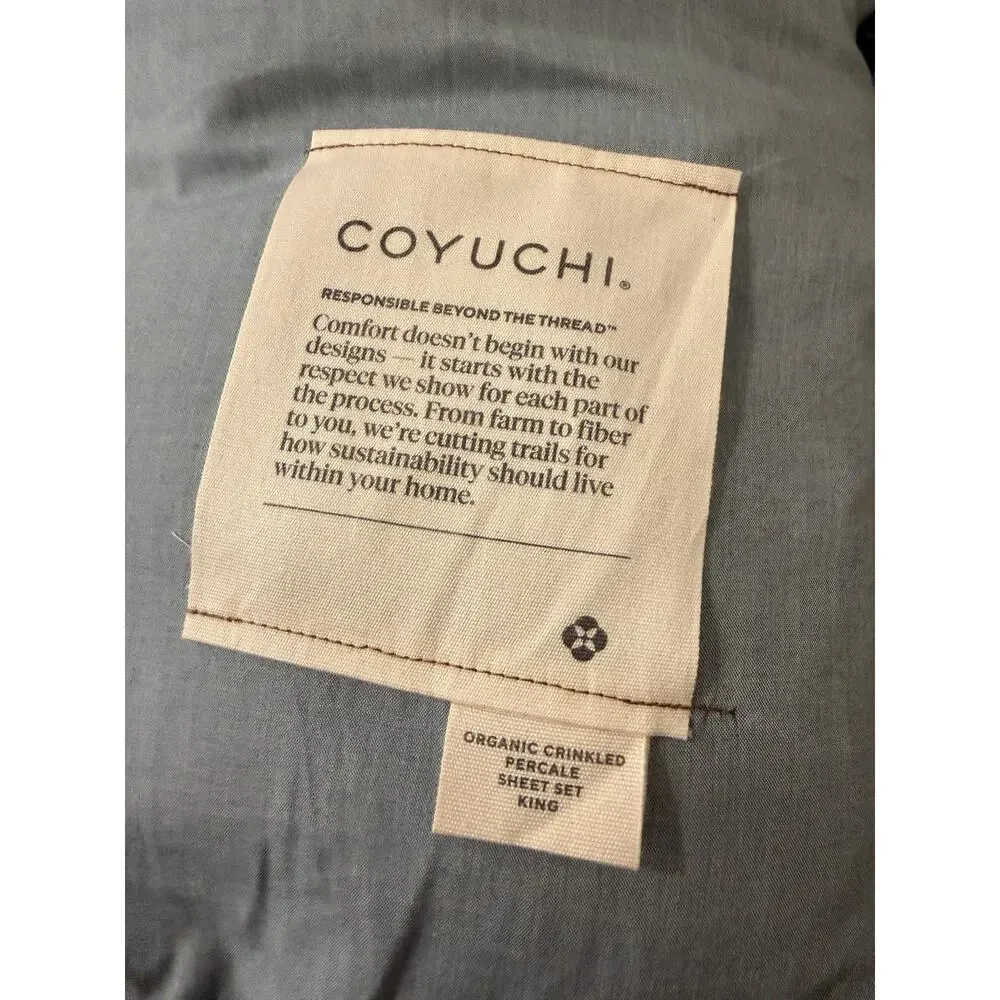 Coyuchi Organic Crinkled Percale Sheet Set 4 Piece King Surf Chambray Blue NWT